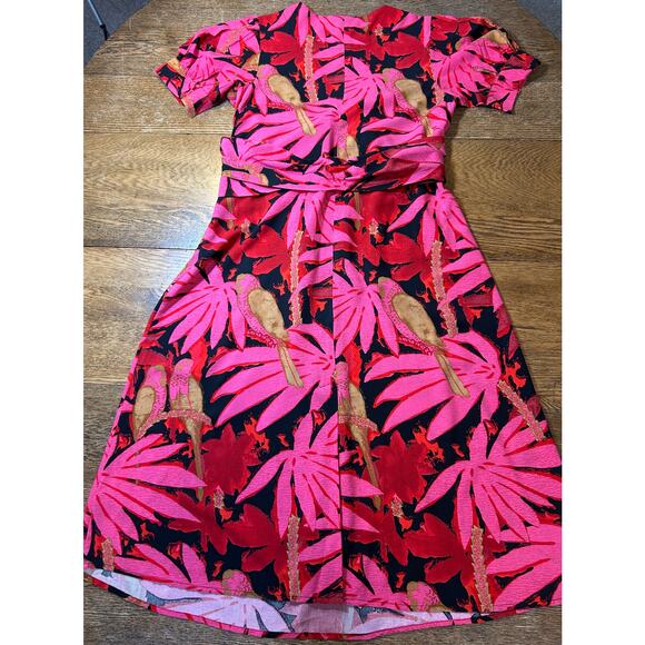 J. Crew Palm Print Faux Wrap Midi Dress Pink Red Black Sz 8 - Picture 7 of 11